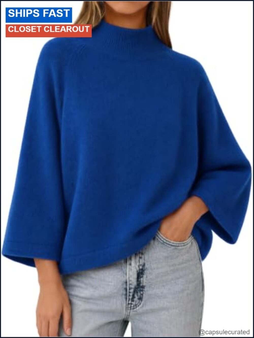 Oversized Mock Neck 3/4 Bell Sleeve Knit Pullover Sweater Women's
